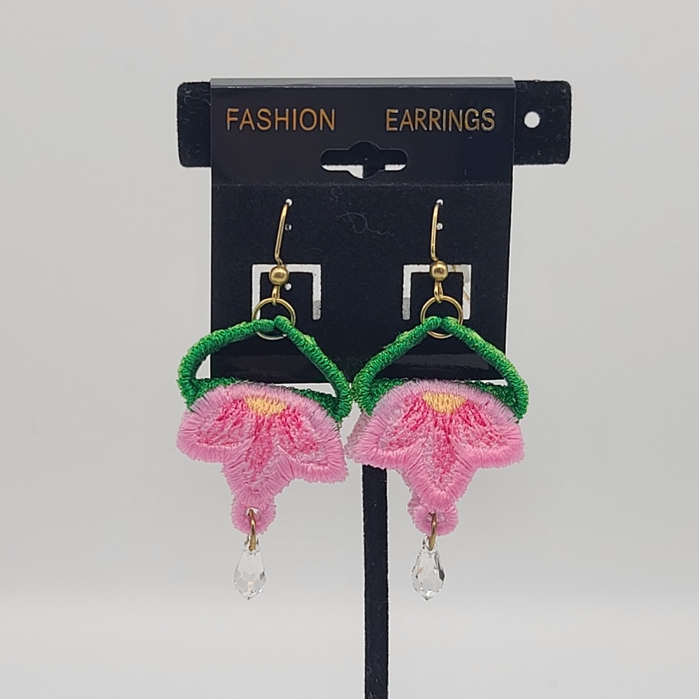 Handmade Floral Earrings with a Swarvarski Crystal Drop- Brand New